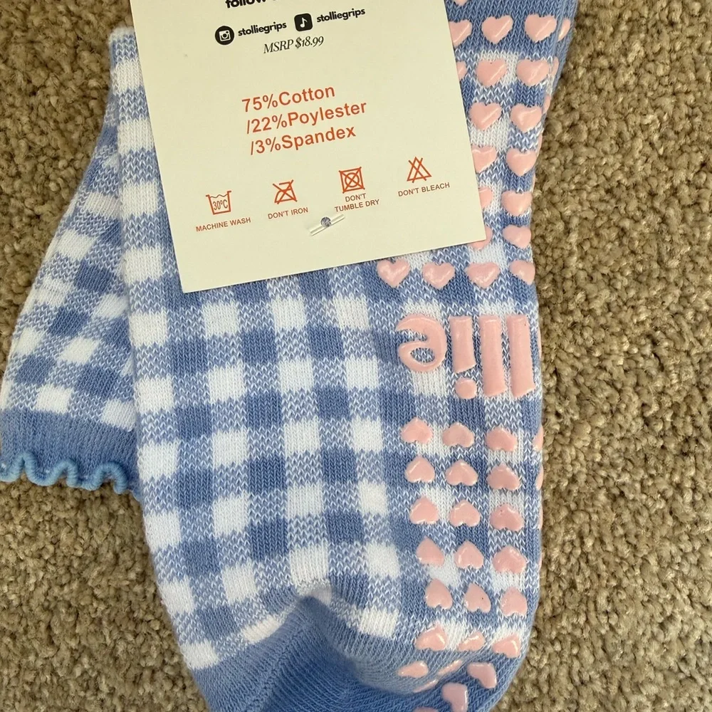 NWT Stollie Grip Socks Blue and Pink Checkered Pilates Yoga Barre